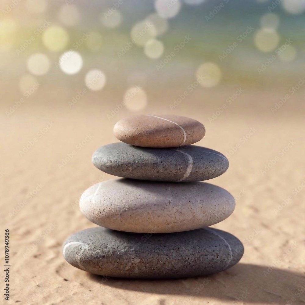 A high-resolution ultrarealistic image of three smooth, round pebbles stacked vertically on a soft sandy surface. The digital artwork captures the serene scene against a background of a sunlit beach w A high-resolution ultrarealistic image of three smooth, round pebbles stacked vertically on a soft sandy surface. The digital artwork captures the serene scene against a background of a sunlit beach w