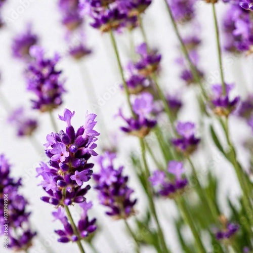 A high-resolution ultrarealistic image depicting a close-up bouquet of vibrant purple lavender flowers. This photographic art captures the delicate, intricate details of the lavender blossoms and thei photo