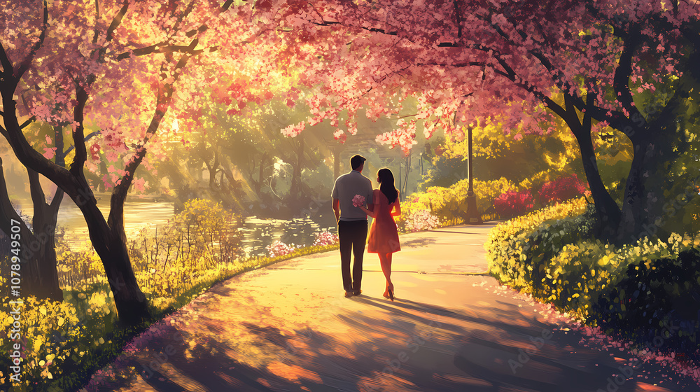 A couple having a romantic stroll in a park. realistic. Romantic. Illustration A couple having a romantic stroll in a park. realistic. Romantic. Illustration