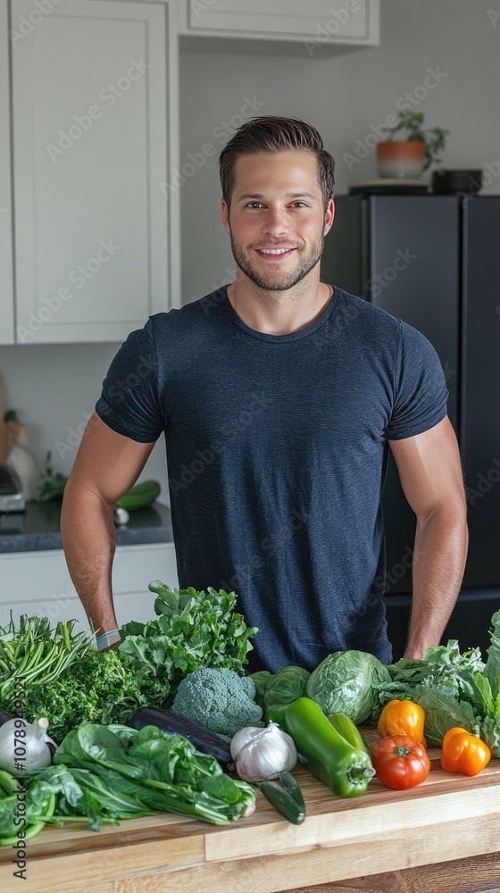 Smiling man with fresh vegetables on a kitchen countertop. Smiling man with fresh vegetables on a kitchen countertop.