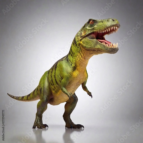 A high-resolution ultrarealistic image depicting a Tyrannosaurus rex, meticulously crafted as a detailed 3D model. The dinosaur is showcased with lifelike skin texture and coloration, featuring a blen photo