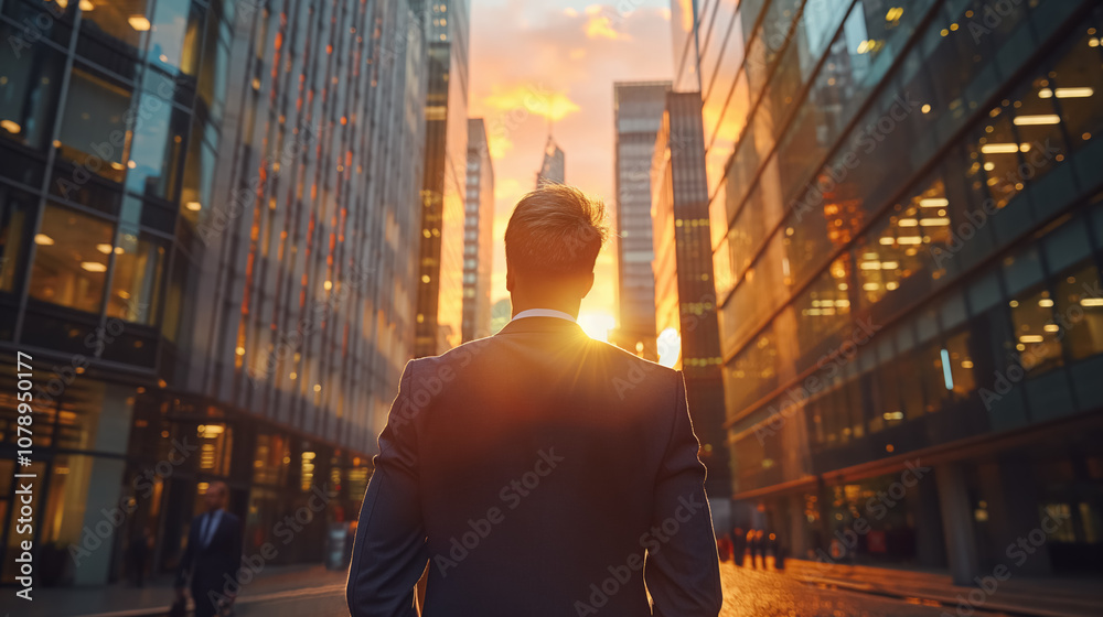 Businessman gazing at vibrant city sunset in urban landscape Businessman gazing at vibrant city sunset in urban landscape