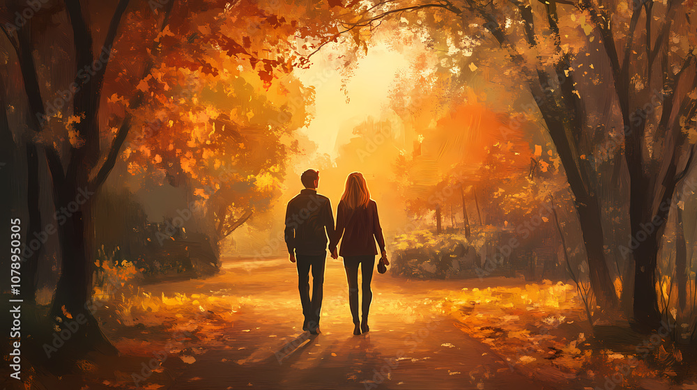 Fototapeta premium A couple having a romantic stroll in a park. realistic. Romantic. Illustration