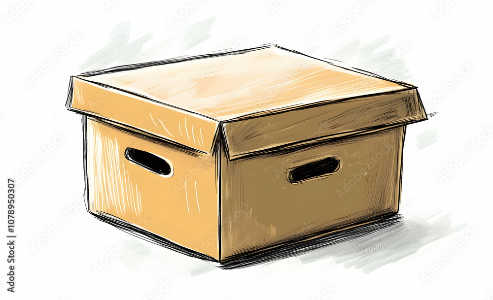 A hand-drawn illustration of a closed cardboard box with handles, sitting on a white background. A hand-drawn illustration of a closed cardboard box with handles, sitting on a white background.