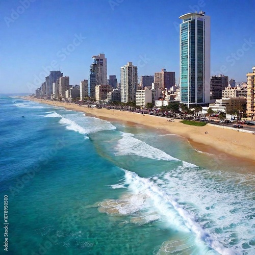 A high-resolution ultrarealistic image of a coastal cityscape, captured in a photograph. The image showcases a vibrant, expansive shoreline bordered by the deep turquoise waves of the ocean meeting th