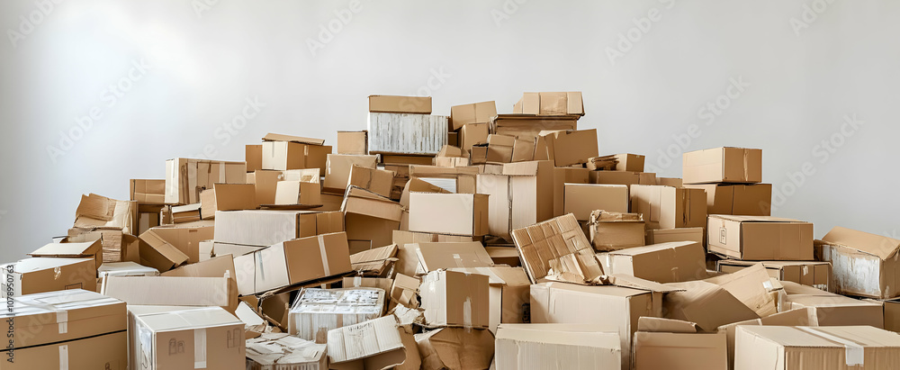 A large pile of cardboard boxes, some are opened and empty, in an empty room. A large pile of cardboard boxes, some are opened and empty, in an empty room.