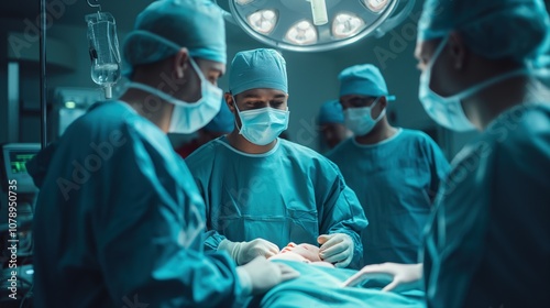A newborn baby is born by c-section in an operating room attended by a surgeon and medical team	
