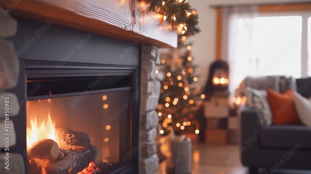 A cozy fireplace with a crackling fire glows in a living room decorated for the holidays A cozy fireplace with a crackling fire glows in a living room decorated for the holidays