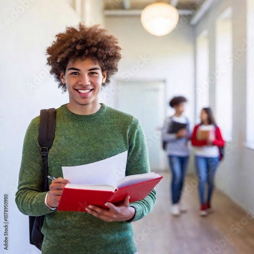 A high-resolution ultrarealistic image showing a bright, well-lit school interior. In the foreground, a smiling student with curly hair and a nose ring holds a red notebook, wearing a light green swea photo