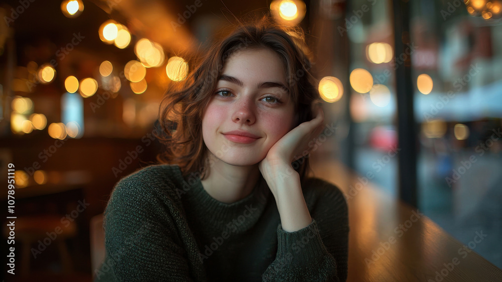 Young Woman Relaxing in Cozy Cafe with Warm Lighting Young Woman Relaxing in Cozy Cafe with Warm Lighting