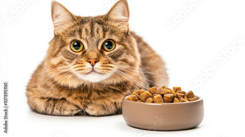 Animal front and look straight, fluffy cat with bright eyes gazes curiously at bowl of dry food, showcasing its playful nature and charm