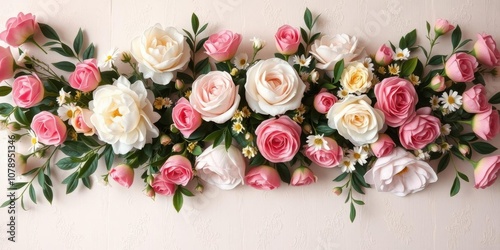 Fototapeta Naklejka Na Ścianę i Meble -  Vintage style artificial flowers wall background with delicate roses, daisies, and peonies in a soft pastel color palette, decor, wall, roses