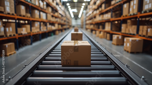 Cardboard boxes moving on conveyor belt in warehouse with shelves