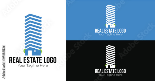 Unique real estate logo design featuring a modern building above a stylized home, symbolizing a blend of residential and commercial properties. Ideal for real estate agents and property developers.