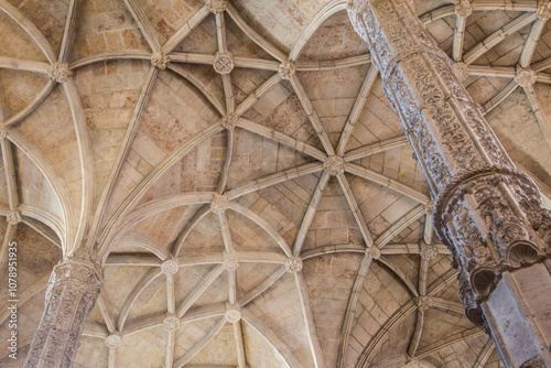 Ceiling of the Hieronymus monastery, a popular place for tourits in Belem in Lisbon, Portugal