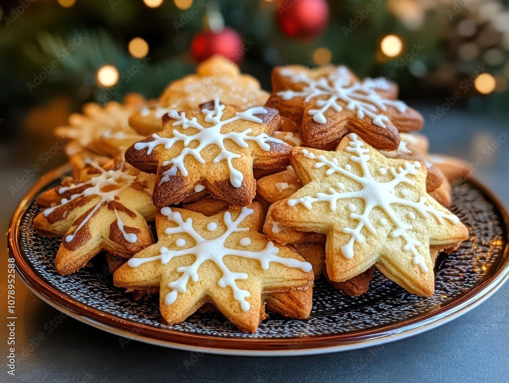 A plate of holidaythemed cookies shaped like snowflakes, Christmas trees, and reindeer, perfect for National Cookie Day A plate of holidaythemed cookies shaped like snowflakes, Christmas trees, and reindeer, perfect for National Cookie Day