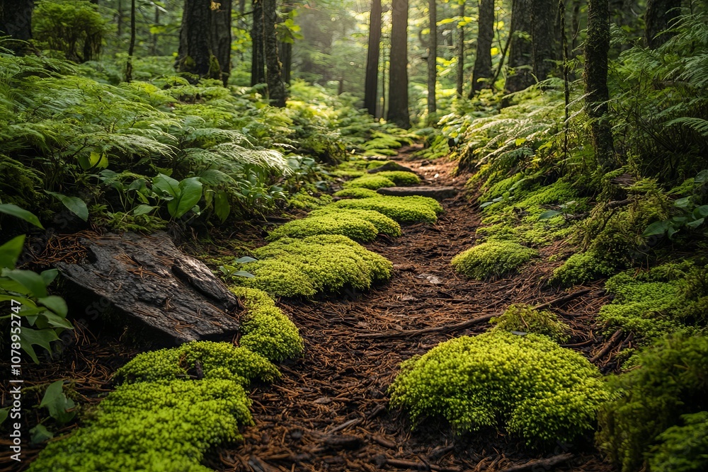 Enchanting forest trail surrounded by tall trees, dappled sunlight filtering through the leaves, carpet of green moss underfoot. Generative AІ Enchanting forest trail surrounded by tall trees, dappled sunlight filtering through the leaves, carpet of green moss underfoot. Generative AІ