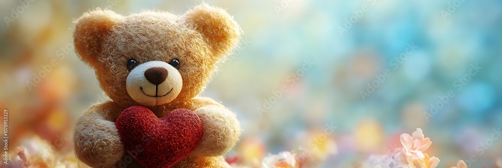 Cute Teddy Bear Holding a Red Heart in a Flower Garden Illustration Cute Teddy Bear Holding a Red Heart in a Flower Garden Illustration