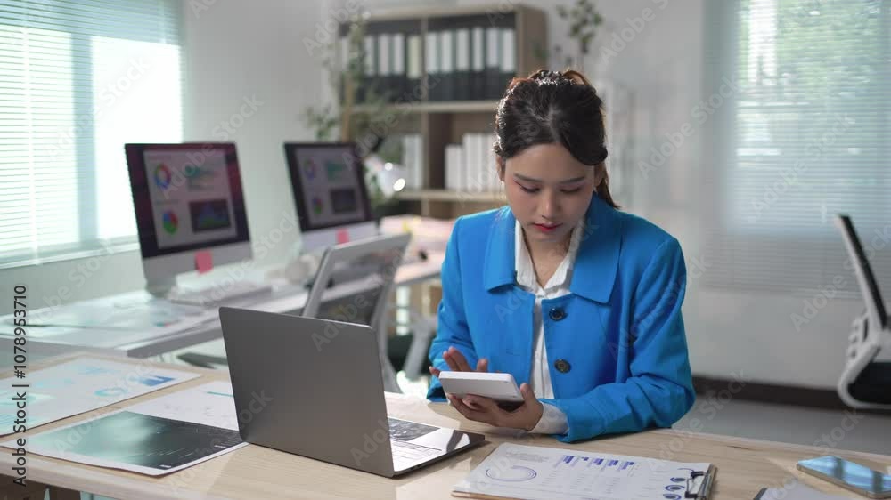 Asian woman working at an office desk, using a calculator to manage financial data and analyze reports efficiently Asian woman working at an office desk, using a calculator to manage financial data and analyze reports efficiently