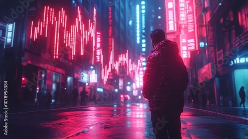 A lone figure stands on a neon-lit city street at night.