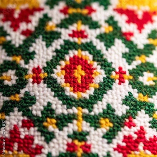 Close-up macro shot of Algerian folk embroidery, highlighting the floral patterns and gold threadwork on a traditional burnous photo