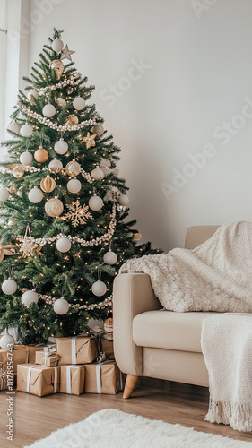 Photo of christmas tree with sustainable decoration. Perfect for banners, promotions, social media, labels, stickers, flyers, holiday cards, advertisements and announcements.