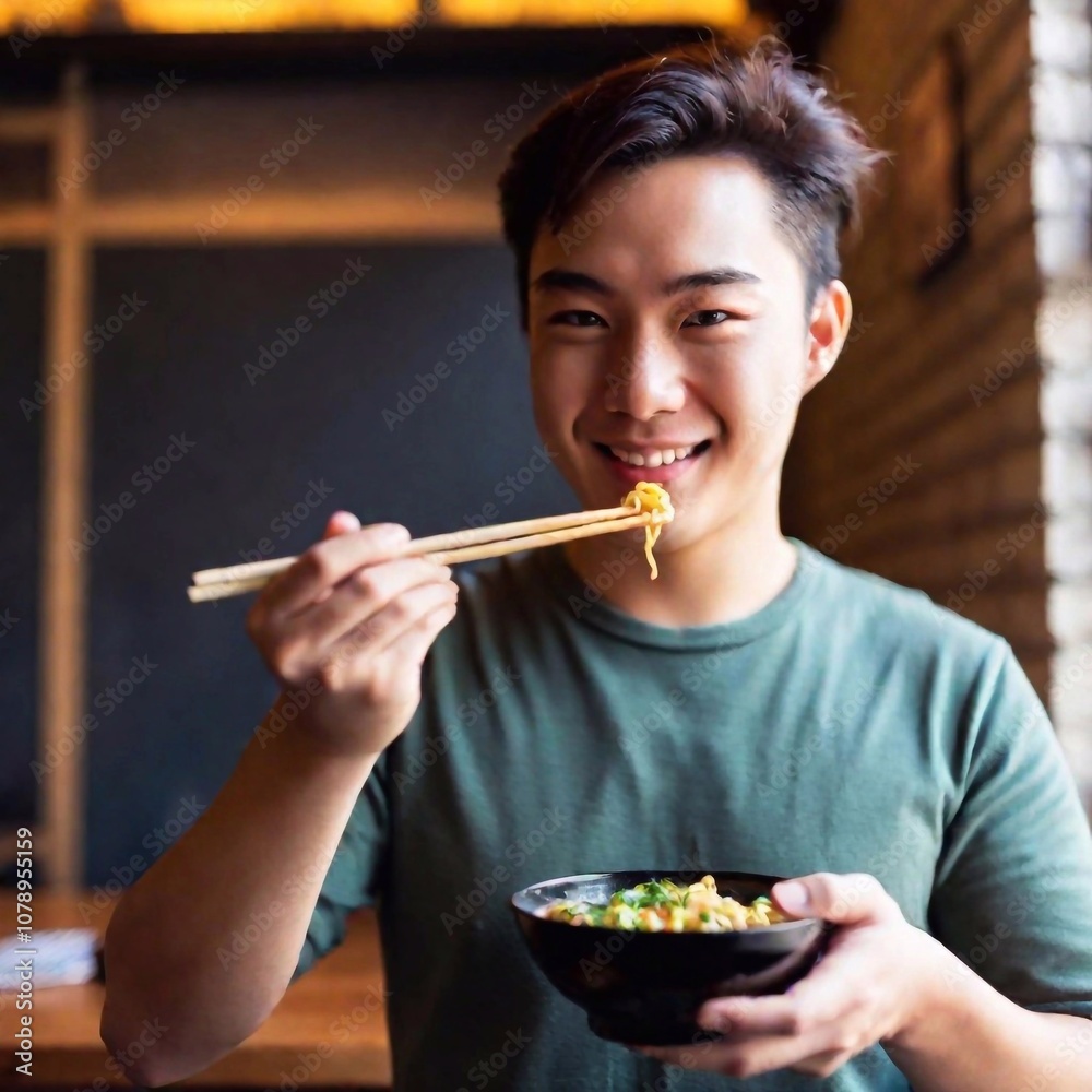 A point of view shot, front view of an Asian male enjoying a hot bowl of ramen in a cozy noodle shop, chopsticks in hand.