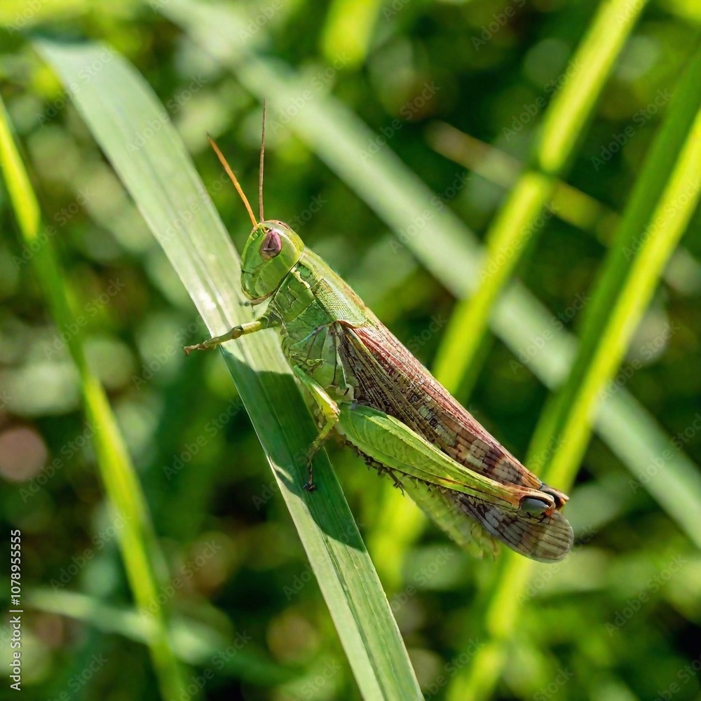 Macro shot of a grasshopper camouflaged among blades of grass. Macro shot of a grasshopper camouflaged among blades of grass.