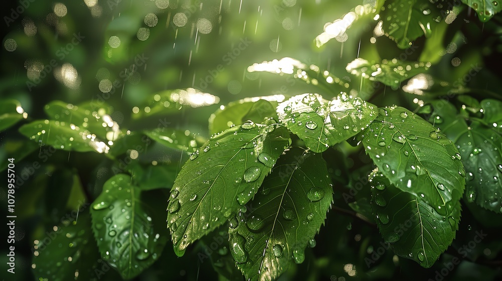 A close up of a green leaves with drops of water on it at sunlight on a blur background with green leaves, Ai Generative. A close up of a green leaves with drops of water on it at sunlight on a blur background with green leaves, Ai Generative.