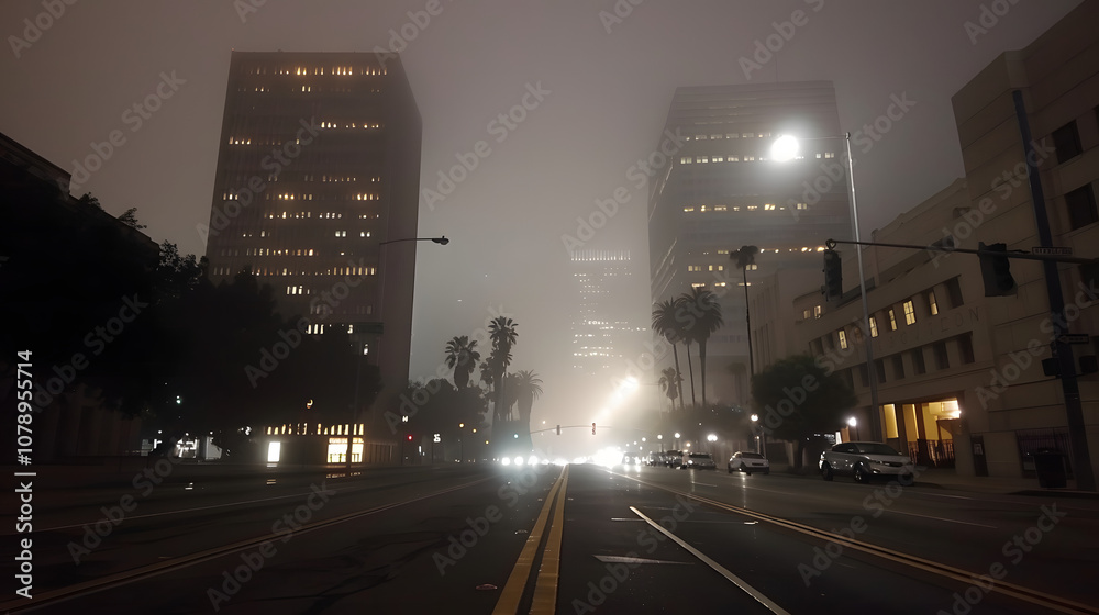 Dark, empty urban street at night with faint city lights through fog ...