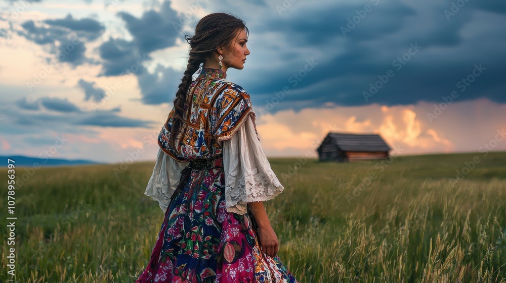 Fototapeta premium Woman in Traditional Dress in Rural Setting