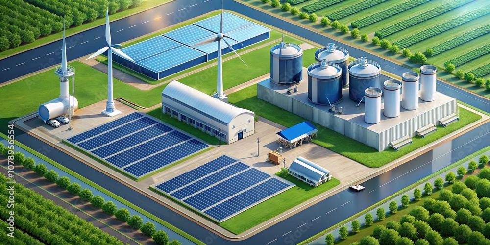 Aerial View of Renewable Energy Facility Featuring Wind Turbines, Solar Panels, and Industrial Tanks Surrounded by Lush Green Fields and Roadways Aerial View of Renewable Energy Facility Featuring Wind Turbines, Solar Panels, and Industrial Tanks Surrounded by Lush Green Fields and Roadways