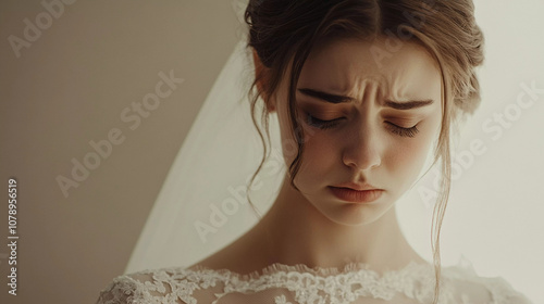 close up of sad wedding bride. crying. white background photo