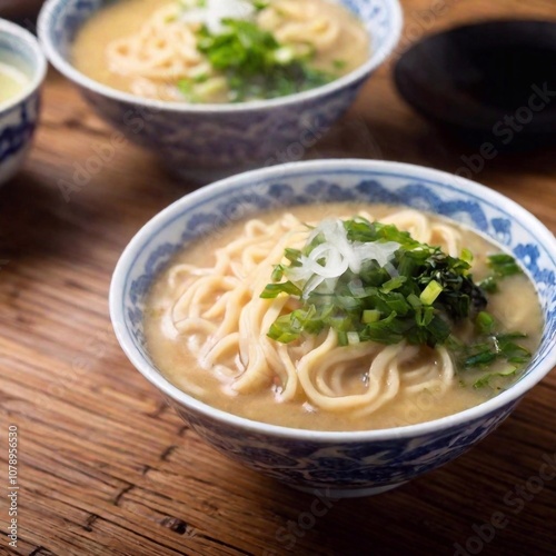 Close-up of a bowl of ramen with visible steam rising.