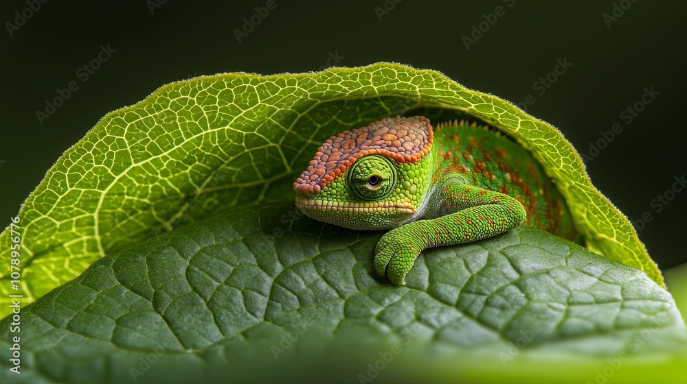 Chameleon Blending with Leaf in Nature's Habitat Chameleon Blending with Leaf in Nature's Habitat
