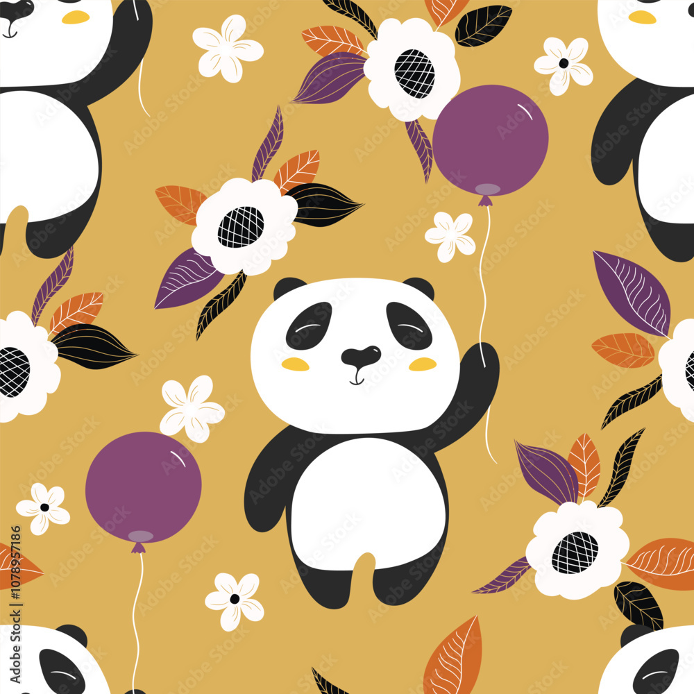 Seamless pattern with cute panda baby on color background. Funny asian animals. Card, postcards for kids. Flat vector illustration for fabric, textile, wallpaper, poster, gift wrapping paper Seamless pattern with cute panda baby on color background. Funny asian animals. Card, postcards for kids. Flat vector illustration for fabric, textile, wallpaper, poster, gift wrapping paper