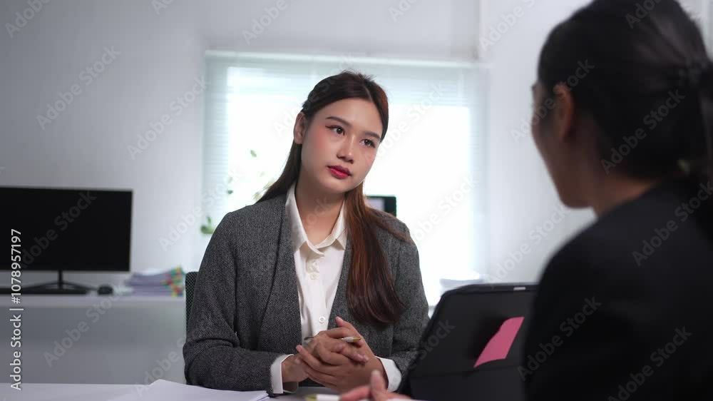 Businesswoman gesturing and discussing strategies with a colleague in a modern office environment Businesswoman gesturing and discussing strategies with a colleague in a modern office environment