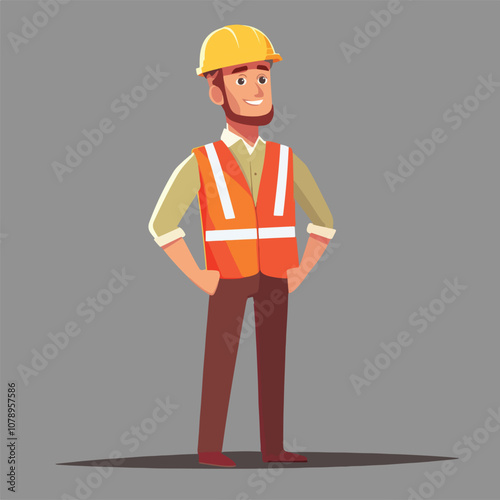 A cheerful construction worker stands confidently in a bright safety vest and hard hat, showcasing his readiness for the job in a simple, modern illustration