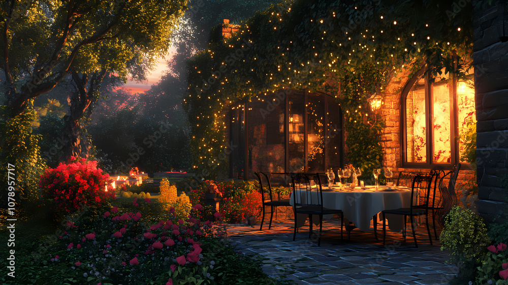 A romantic place for dinner, a romantic scene for dinner, a romantic garden, 3d render, ai generation. Romantic. Illustration