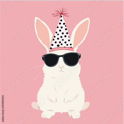 A cheerful bunny wearing sunglasses and a polka dot party hat celebrates with a joyful expression against a soft pink background