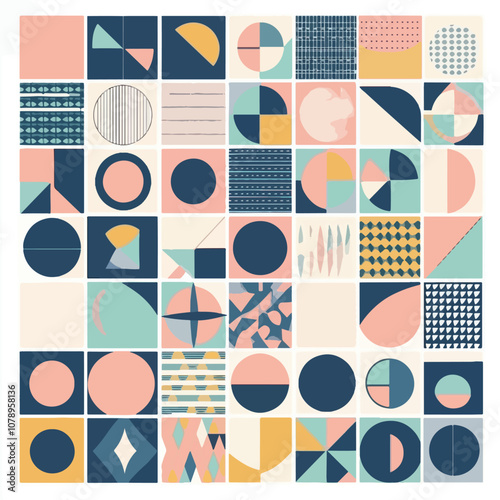A vibrant collection of geometric shapes and colorful patterns arranged in a grid format, featuring soft pastels and contrasting dark hues
