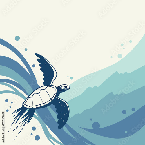Stylized illustration of a sea turtle gliding above abstract blue waves, featuring a serene and artistic design.
