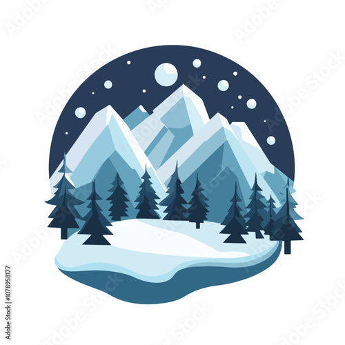 The majestic snow-covered mountains rise beautifully beneath a vast, starry night sky, surrounded by tall evergreen trees, creating a peaceful and serene winter landscape that captivates the senses