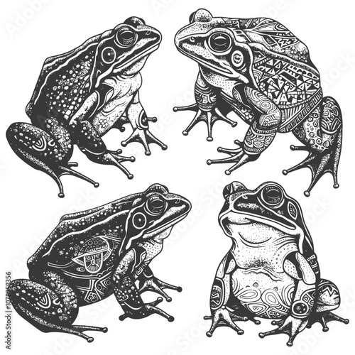 Four Detailed Drawings of Frogs with Ornamental Designs