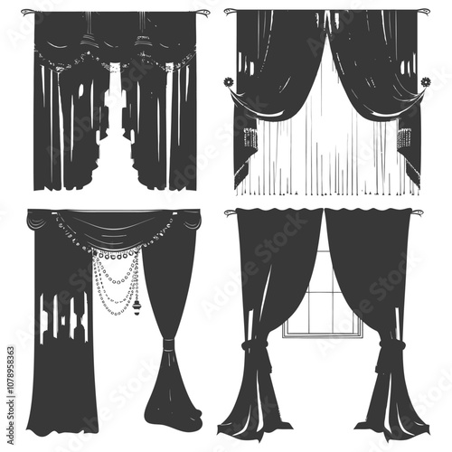 Four Different Styles of Window Curtains Drawn in Black Silhouettes