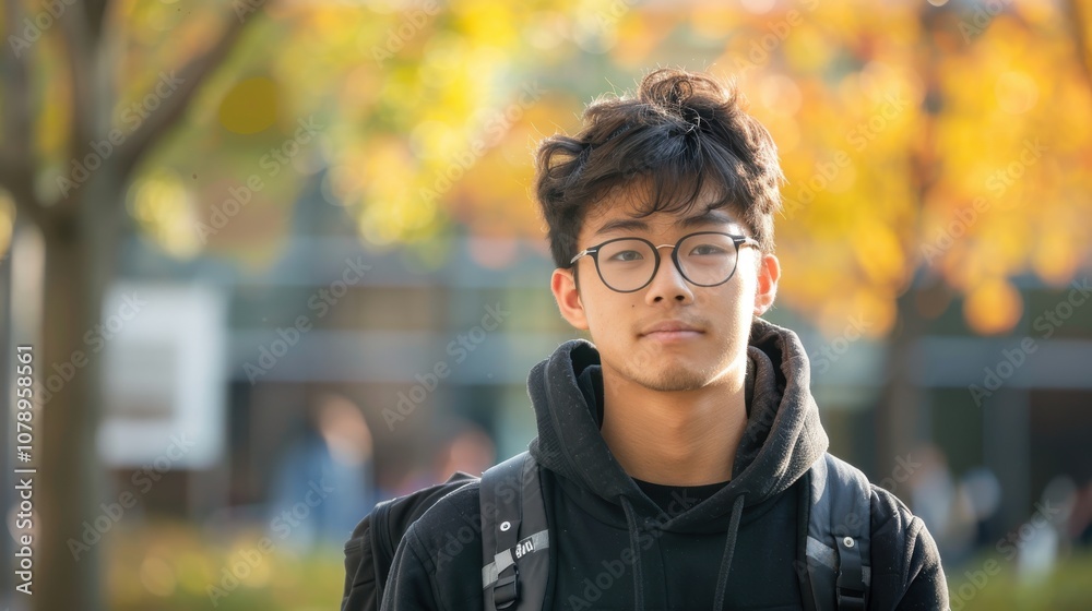 A backdrop of diverse colors illuminates an Asian student's introspective expression, marking his educational achievements A backdrop of diverse colors illuminates an Asian student's introspective expression, marking his educational achievements