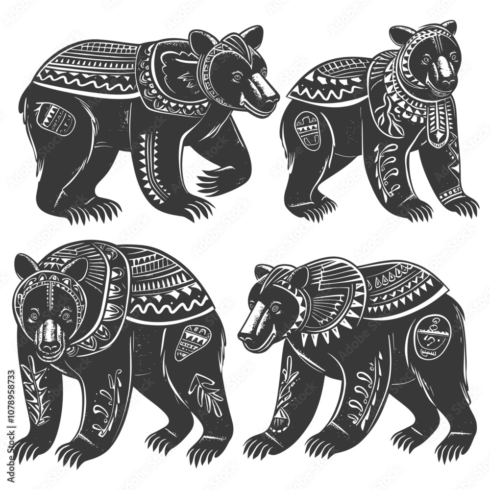 Fototapeta premium Four Black Bears with Tribal Geometric Pattern Decor