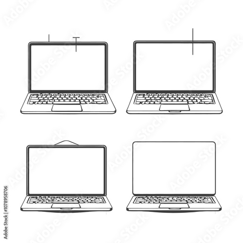 Four Black and White Outlines of Laptops with Blank Screens