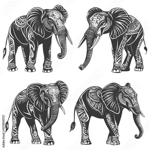 Four Detailed Black and White Elephants with Tribal Patterns