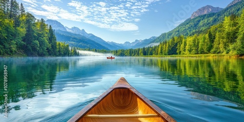 Fresh river water dream destination. Canoe on a calm freshwater river, misty mountains in the background, perfect destination for nature lovers photo